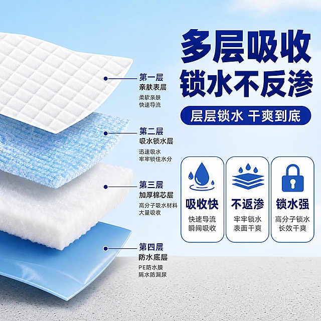 [主图-2] 核心卖点功能图，展示多层吸收锁水不反渗结构，拼多多风格大字直白。
[统一基调] 整体风格简约大气、清洁干爽，背景主色为浅蓝渐变天空色，辅助色为白色、浅灰，强调色为深蓝色，卡片/图标用白色圆角矩形配细蓝边，标题用深蓝色粗黑体，辅助文字用深灰色中黑体，字号层级分明，拼多多大字醒目风格。
[画面] 画面左侧是宠物尿垫的分层爆炸解析图，从上到下依次展示：第一层白色菱形格纹亲肤表层、第二层蓝色吸水锁水层、第三层加厚棉芯层、第四层蓝色防水底层，每层之间有轻微间距，用细引线和小圆点标注各层名称；右侧上方是大标题区域，下方配三个白色圆角功能卡片，分别展示"吸收快""不返渗""锁水强"三个卖点，每个卡片内有对应小图标和简短说明；背景延续浅蓝渐变天空色，底部是浅灰色台面。
[光影质感] 商业摄影质感，各层材质清晰可见，表层格纹细腻，吸水层有蓬松质感，防水层有光泽，整体光线柔和均匀，层次分明有立体感。
[配色] 主背景浅蓝渐变，各层材质保持白+蓝本色，标题深蓝色，卡片白底蓝边，图标蓝色，整体清爽专业。
[文字版式] 右上方大标题用深蓝色超粗黑体"多层吸收 锁水不反渗"；下方三个白色圆角卡片横向排列，每个卡片上方蓝色图标，中间深蓝色粗体卖点词"吸收快""不返渗""锁水强"，下方深灰色小字说明；左侧分层图旁用细引线标注各层名称，文字小而清晰。整体信息层级分明，大字突出核心卖点。
[输出要求] 1:1正方形比例，2K分辨率，产品结构清晰，文字清晰无错字，画面简约大气，无水印无平台Logo，无变形模糊杂乱。