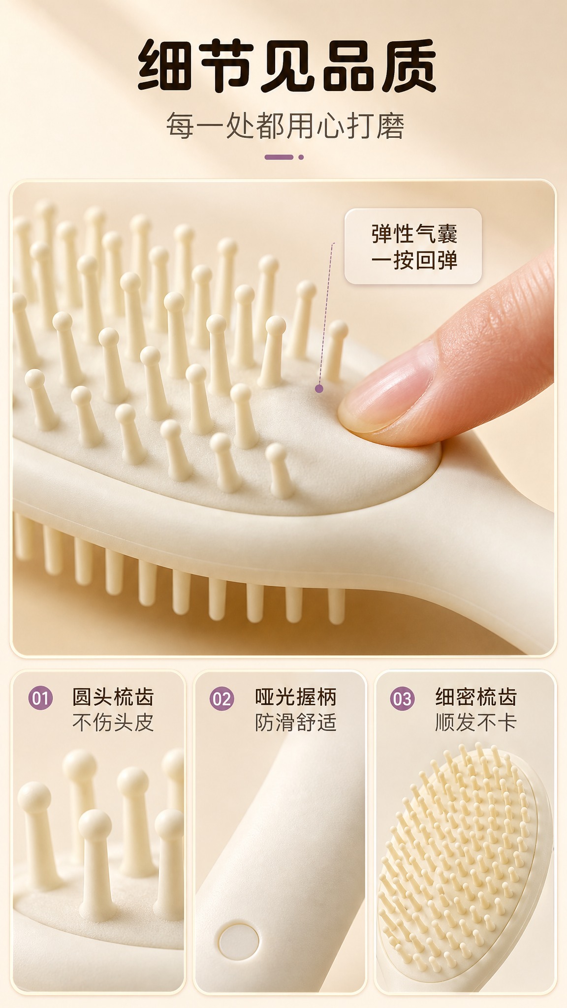 [商品] 使用【图1】奶白色椭圆长柄气囊梳；保留产品结构、颜色… - 图片创意预览