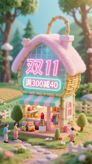 这张海报的主色调为森系小清新色，背景是清新的森林与田园风光相融合。“双 11” 以自然的霓虹色立体字体展示在海报中间，还有一个醒目的 “满300减40” 霓虹广告牌在马卡龙色毛玻璃材质的竹篮房子形状的预览效果