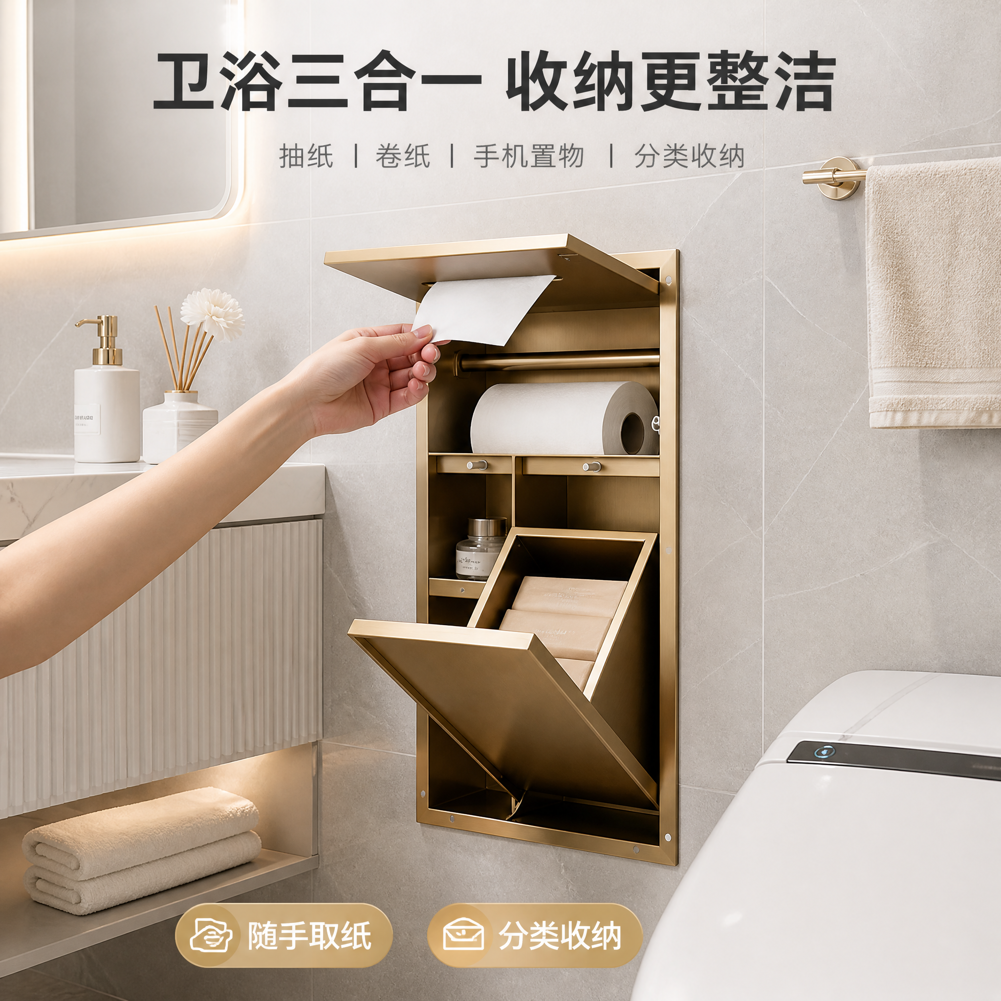 [主图-4] 嵌入式三合一多功能纸巾盒（拉丝金色款） 真实使用… - 图片创意预览
