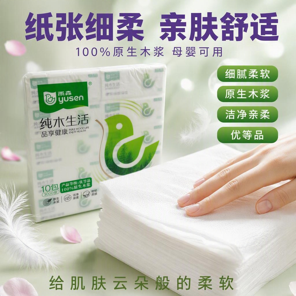 [主图-3] 雨森纯木生活抽纸纸张细柔卖点图，突出纸张细腻柔软… - 图片创意预览