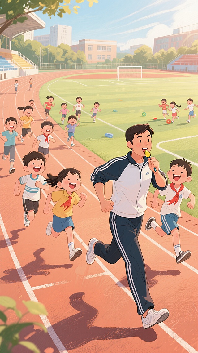 清新卡通插画风，师生操场奔跑，阳光明媚，充满活力与欢乐。