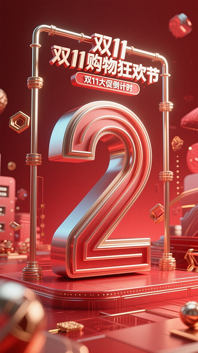 巨型日历造型红色数字 “2”，有金属顶框，顶部设置 “双11购物狂欢节” 标签，搭配 “双11大促倒计时 ”文字，朱红色背景，融入等装饰元素，整体营造紧迫的促销倒计时氛围