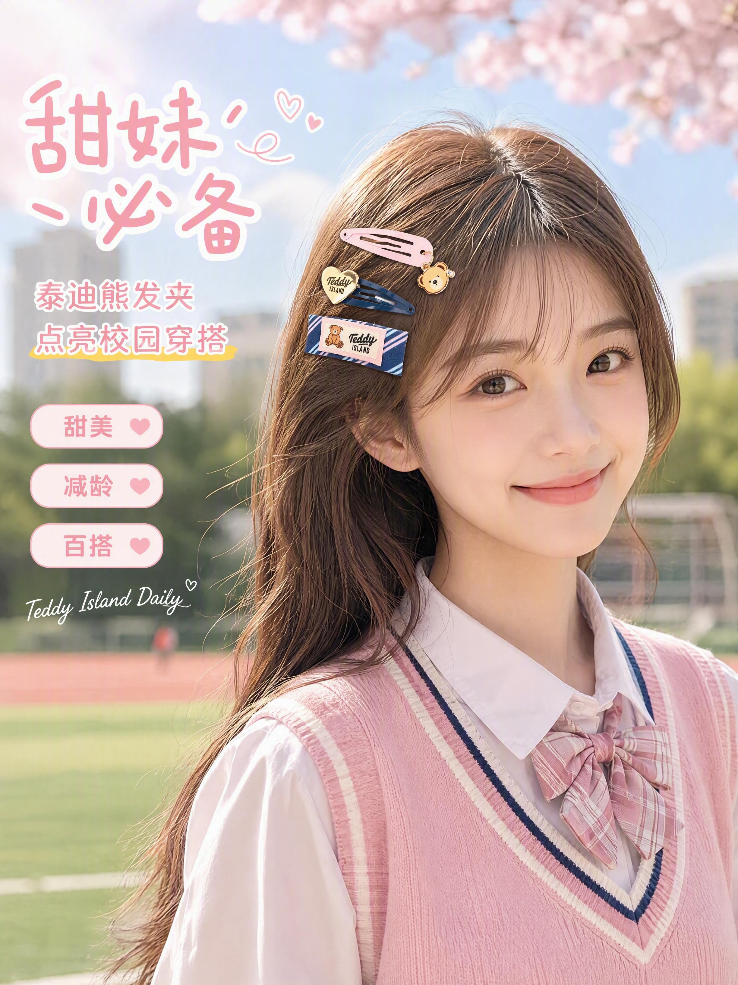 [第6张] 佩戴效果页 - 少女模特校园场景展示（粉色款）。本… - 图片创意预览