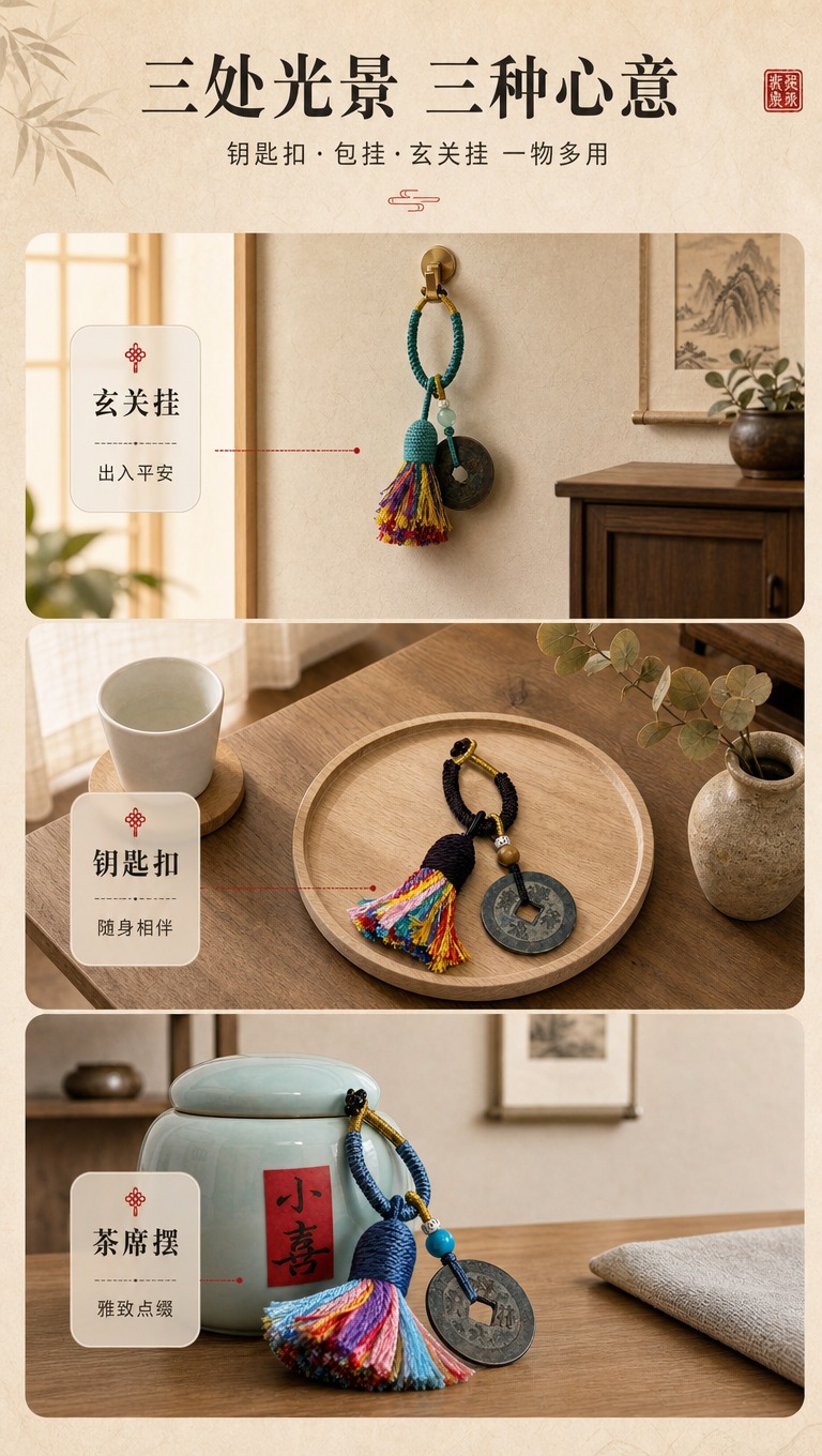 [商品] 使用【图1】【图2】【图3】三款铜钱流苏钥匙扣挂件；… - 图片创意预览