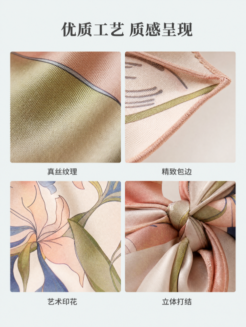 [第4屏] 材质与细节工艺特写，艺术印花真丝小方巾。本屏使用【图1】提取细节。
[氛围/风格] 微距特写质感，真实可信，突出真丝材质优势，高级商业摄影。
[元素布局] 采用2x2宫格布局：左上展示丝巾预览效果