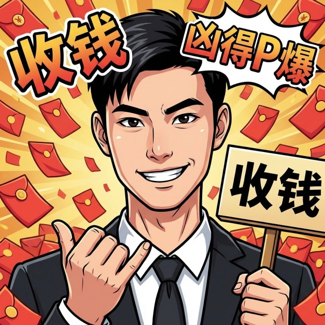 严格按照参考照片中人物的五官特征和形象还原，转换为漫画版头像，添加文字内容："收钱" "凶得P爆"，背景营造出红包满天飞的收钱氛围，整体为正方形构图预览效果