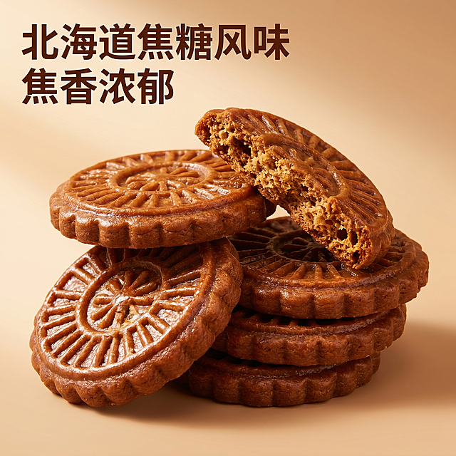 [轮播图 11] 焦糖味日式小圆饼特写展示，焦香酥脆卖点突出。
[氛围风格] 食欲特写风，突出焦糖风味特色。
[画质] 商业摄影质感、光线柔和通透、产品清晰真实、画面干净高级。
[元素] 多块焦糖味日式小圆饼堆叠居中，展示饼干深棕焦糖色泽和表面纹理，一块饼干掰开露出酥脆断面，焦糖香气仿佛溢出，背景浅棕色渐变。保持饼干外观颜色与产品图一致，无变形色差，主体占比约70%。
[光影] 暖棕侧逆光，突出焦糖光泽和酥脆断面纹理，层次感强。
[配色] 焦糖棕为主色调，背景同色系渐变，和谐高级。
[文字版式] 左上角标题 "北海道焦糖风味 焦香浓郁" 深棕色粗体，清晰突出风味卖点，不遮挡主体。
[比例分辨率] 1:1 比例，2k 分辨率，文字清晰可辨，超高清。
[负向提示词] 变形，水印，文字错乱，产品图模糊，背景杂乱，遮挡主体