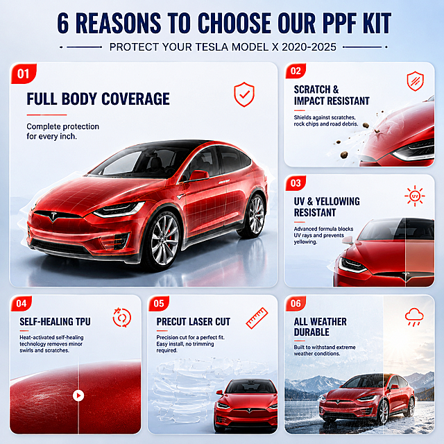 [商品] 使用【图1】红色Tesla Model X与PPF膜元素；保留车型、颜色、TPU膜透明质感；提取各部位局部示意用于卖点卡片。
[画面] 目标：6大核心卖点总览，建立完整产品认知。左1大卡+右2列3行小卡瀑布流布局，共6个卖点卡片；左上大卡展示Model X全车覆盖主图+全车身覆盖卖点；其余5张小卡分别配对应局部特写（防刮、防UV、自修复、预裁、耐候），卡片间有留白呼吸感，背景为浅灰蓝渐变。
[视觉] 套系策略：风格=跨境极简科技商业风；标题字=现代无衬线粗体（英文字体）；正文字=简洁无衬线体；主色=深海蓝；背景延展=基于深海蓝做浅灰蓝渐变背景和卡片深浅层级；强调色=橙红色，仅用于小图标和卡片角标；标题色=深海蓝；正文色=中灰蓝；组件=圆角白底信息卡、细线分割、简约图标；光影=均匀柔光，卡片轻微投影。
[文字] 顶部主标题：6 Reasons to Choose Our PPF Kit；6个卖点卡片标题：1. Full Body Coverage 2. Scratch & Impact Resistant 3. UV & Yellowing Resistant 4. Self-Healing TPU 5. Precut Laser Cut 6. All Weather Durable；每卡配1句短说明；所有文字横排，英文表达。
[规格] 图片比例1:1，4K分辨率，负向提示：避免纯白底、icon宫格、文字过小、中文文字、连续同构、价格信息。