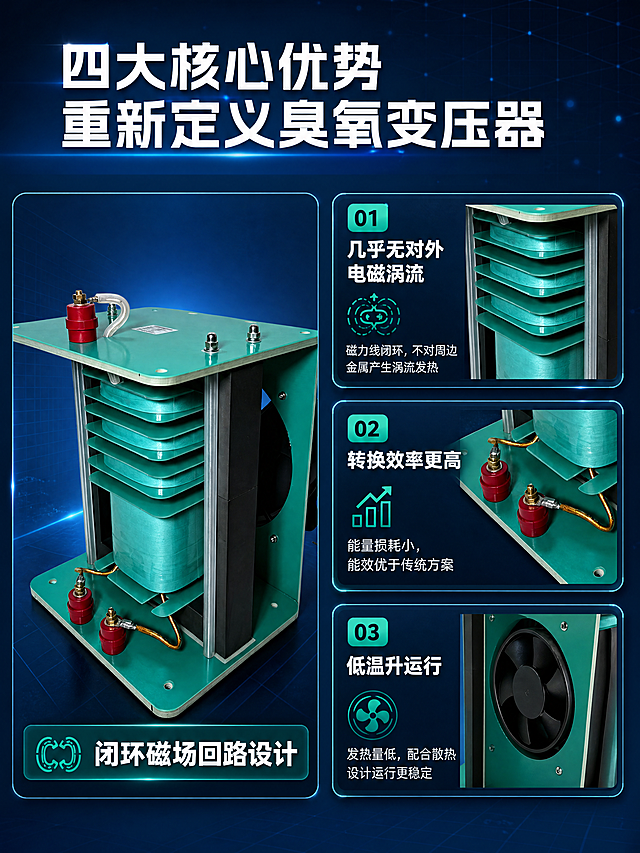 [商品] 使用【图2】臭氧高频高压变压器（带风扇侧视版本）；保留产品结构：青绿色环氧板、多层绕组、黑色磁芯、侧面黑色散热风扇、红色端子、接线柱；保留所有颜色和材质。
[画面] 目标：四大核心卖点总览，建立产品优势认知。版式：左1大+右3小瀑布流布局；左侧大卡片放产品大图（占画面约50%），右侧竖向排列3个小卖点卡片，每个卡片配产品局部细节小图；背景为深蓝渐变，带微弱科技网格。阅读动线：左侧产品主图→右侧三个卖点自上而下。
[视觉] 套系策略：风格=工业科技风商业摄影；标题字=粗黑体无衬线；正文字=简洁无衬线体；主色=深蓝+青绿色；背景延展=深蓝渐变+微弱网格纹理+青绿色光效点缀；强调色=青绿色，用于图标、引线、卡片边框；标题色=白色；正文色=浅灰蓝；组件=深色半透明圆角卡片、细线图标、青绿色高亮标签；光影=左前侧冷光，产品清晰，卡片有悬浮感。
[文字] 顶部主标题"四大核心优势 重新定义臭氧变压器"；左侧大卡片底部叠加标签"闭环磁场回路设计"；右侧三个小卡片：1）"几乎无对外电磁涡流"配绕组局部图，说明"磁力线闭环，不对周边金属产生涡流发热"；2）"转换效率更高"配接线端子局部图，说明"能量损耗小，能效优于传统方案"；3）"低温升运行"配风扇局部图，说明"发热量低，配合散热设计运行更稳定"。所有文字横排。
[规格] 图片比例3:4竖版，4K，medium质量；避免变形、错字、文字过小、产品结构改变、白底、暖色调。