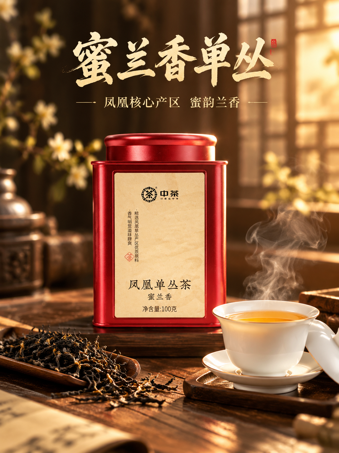 中茶凤凰单丛茶蜜兰香首图 新中式茶风主视觉。红色铁罐装茶叶放在… - 图片创意预览