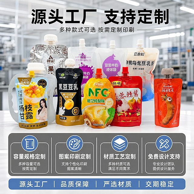 [主图-6] 主题：工厂定制服务与多种款式选择，突出源头工厂、支持定制、多种款式可选的B端转化卖点。
[统一基调] 1688工厂源头感，高级商业摄影质感，整体色调以浅灰、工业白、深灰为主，点缀工厂蓝作为强调色；标题用粗黑无衬线字体，辅助文字用细黑无衬线字体，字号层级分明；画面干净通透，突出产品真实性与包装质感，不使用宣传泡沫、夸张特效或悬浮效果。
[画面] 画面上半部分展示多款不同容量、不同造型、不同印刷设计的自立吸嘴袋整齐排列的样品墙效果，包含大口径、小口径、不同容量、透明款、铝箔款、彩色印刷款等多种款式，所有产品外观、颜色、形状、圆形端头均与输入图完全一致，无新增虚构款式。画面下半部分或侧边以信息卡形式展示定制服务内容，如容量定制、图案印刷定制、材质选择、起订量说明等（不虚构具体数值，用通用定制服务表述）。背景为虚化的工厂生产车间或样品间，强化源头工厂氛围。
[光影质感] 均匀明亮的工业展示光，产品阵列整齐，每个产品都有自然阴影，整体光线通透，体现工厂样品间的专业感。
[配色] 背景浅灰+工厂白，信息卡用深灰底白字，强调色用工厂蓝，整体专业可信。
[文字版式] 顶部主标题「源头工厂 支持定制」，下方副标题「多种款式可选 按需定制印刷」，底部或侧边信息卡列出：「容量规格定制」「图案印刷定制」「材质工艺定制」「免费设计支持」等服务项，文字排版整洁专业。
[输出要求] 比例1:1，2048x2048，2K分辨率，产品清晰，文字专业易读。禁止产品变形，禁止改变圆形端头形状，禁止改变透视角度，禁止减少产品，禁止改变产品颜色，禁止宣传泡沫，禁止虚构具体定制数值或认证，禁止平台Logo水印，禁止极限词。