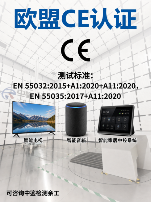 在原图中"EN 55035:2017+A11:2020"下方的空白位置，横向添加三张电子产品图片，分别是智能电视、智能音箱、智能家居中控系统产品图，每张图片下方标注对应的产品名称文字，保持原图整体风格预览效果
