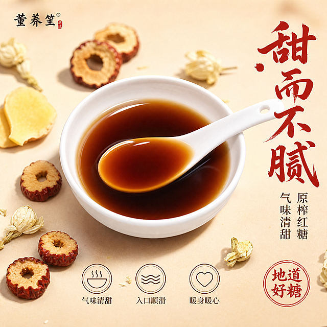 [主图-3] 红糖姜茶冲泡效果细节图 甜而不腻。
[氛围风格] 温润养生感 茶汤通透特写 微观种草。
[画质] 商业摄影质感 微距高清 液体通透有光泽。
[元素] 画面中心为一只白瓷小碗 碗中盛有冲泡好的红糖姜茶汤 呈深琥珀色 油亮通透 一只白色瓷勺斜放入碗中 勺中盛满茶汤 表面有光泽反光。碗的周围散落红枣圈 姜片 茉莉花作为原料装饰。背景为暖米色渐变 柔和干净。保持茶汤与碗勺外观与输入产品图一致 杜绝变形色差。商品主体占比约60%。
[光影] 柔和侧光 从左上方照射 茶汤表面形成高光带 突出液体通透感与油润质感 暖调温润 光影层次丰富。
[配色] 主色调暖米白+琥珀棕 辅助色枣红+姜黄 强调色浅金。
[视角构图] 俯视角度 碗居中 瓷勺斜向引导视线 景深中等 背景虚化突出茶汤主体。
[文字版式] 左上角董养笙品牌名 小号。右侧竖排主标题甜而不腻 粗笔刷书法 朱红色 大号。主标题下方辅助文案原榨红糖 气味清甜 细宋体 深棕色 中号。画面下方三个小图标横向排列 分别配文 气味清甜 入口顺滑 暖身暖心。底部右侧小印章式圆框 内文地道好糖。
[输出要求] 1:1比例 文字清晰锐利 超高清商业摄影质感。
[负向提示词] 变形 文字错乱 产品图模糊 背景杂乱 水印 电商平台Logo。