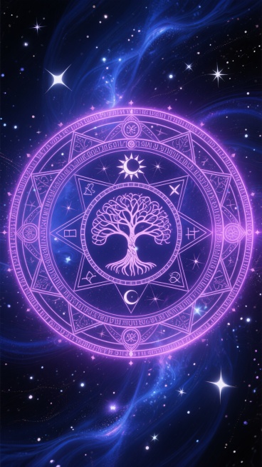 以深邃的暗紫色与神秘的靛蓝色为主色调，融合星尘般的银白色光点，构建出充满宇宙神秘感的背景。中央是一个复杂而华丽的圆形魔法阵，由多层同心圆组成，每层都有精细的几何图案、神秘符号和古老文字。魔法阵的核心部分有一个类似生命之树的图案，周围环绕着太阳和月亮的象征符号。魔法阵散发着柔和的粉紫色光芒，光芒向四周扩散，形成层层涟漪。背景中点缀着闪烁的星辰和流动的星云，营造出一种浩瀚宇宙中魔法能量涌动的奇幻氛……预览效果
