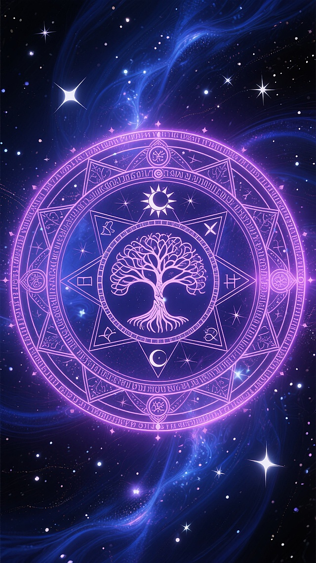 以深邃的暗紫色与神秘的靛蓝色为主色调，融合星尘般的银白色光点，构建出充满宇宙神秘感的背景。中央是一个复杂而华丽的圆形魔法阵，由多层同心圆组成，每层都有精细的几何图案、神秘符号和古老文字。魔法阵的核心部分有一个类似生命之树的图案，周围环绕着太阳和月亮的象征符号。魔法阵散发着柔和的粉紫色光芒，光芒向四周扩散，形成层层涟漪。背景中点缀着闪烁的星辰和流动的星云，营造出一种浩瀚宇宙中魔法能量涌动的奇幻氛围。整体风格偏向暗黑奇幻，线条细腻流畅，光影对比强烈，既有神秘的魔法气息，又不失宇宙的壮丽与深邃。