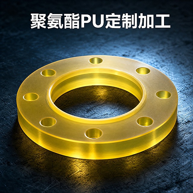 [主图-1] 主题：聚氨酯PU定制加工。唯一任务：展示半透明黄色法兰形PU零件的主体轮廓、螺栓孔位、密封面倒角和半透明黄通透质感，建立产品第一视觉认知。
[统一基调] 硬核工业风，深蓝灰色工业质感背景，白色文字，清晰端正无衬线字体，字体不变形不拉伸不压扁，硬核专业工业感。
[画面] 画面中心偏下位置放置一个半透明黄色法兰形聚氨酯PU密封件，圆盘状法兰结构，外圈均匀分布多个螺栓通孔，内圈密封面边缘做倒角处理。视角为45度微俯视，能同时看到顶面、侧面厚度和内孔结构，充分展示法兰形主体轮廓、螺栓孔位分布和密封面倒角细节。零件呈现半透明黄色通透质感，光线可穿透法兰边缘形成温润的黄光效果，PU材质细腻哑光略带弹性光泽，质感高级通透。主体占画面约60%，居中偏下放置，下方有硬朗的工业风接触阴影，不悬浮。背景为深蓝灰色，带金属颗粒或拉丝工业质感，硬核厚重。
[光影质感] 硬核工业摄影质感，侧逆光从后方照射，突出半透明黄色的通透感和边缘透光效果，正面有硬朗工业光展现表面质感，螺栓孔内部有自然阴影体现厚度，密封面倒角处有高光边。整体光线对比强烈，工业感硬核。
[配色] 深蓝灰色工业质感背景，主体为半透明暖黄色通透质感，文字为纯白色，整体深蓝灰+暖黄+白的硬核工业配色，专业厚重。
[文字版式] 画面上方居中位置标注大号白色粗体无衬线文字"聚氨酯PU定制加工"，字体清晰端正不变形，工业感强。文字与产品主体保持适当距离，不遮挡产品。画面仅出现此文字，不出现任何其他文字、水印或logo。
[输出要求] 1:1正方形，2048*2048像素，产品轮廓清晰，螺栓孔位和密封面倒角细节锐利，半透明质感表现到位，文字清晰可读，整体硬核工业风。负向：变形、错字、模糊、杂乱背景、水印、平台logo、多余文字、产品悬浮、穿模、色差、材质失真、半透明效果不真实、法兰结构错误。