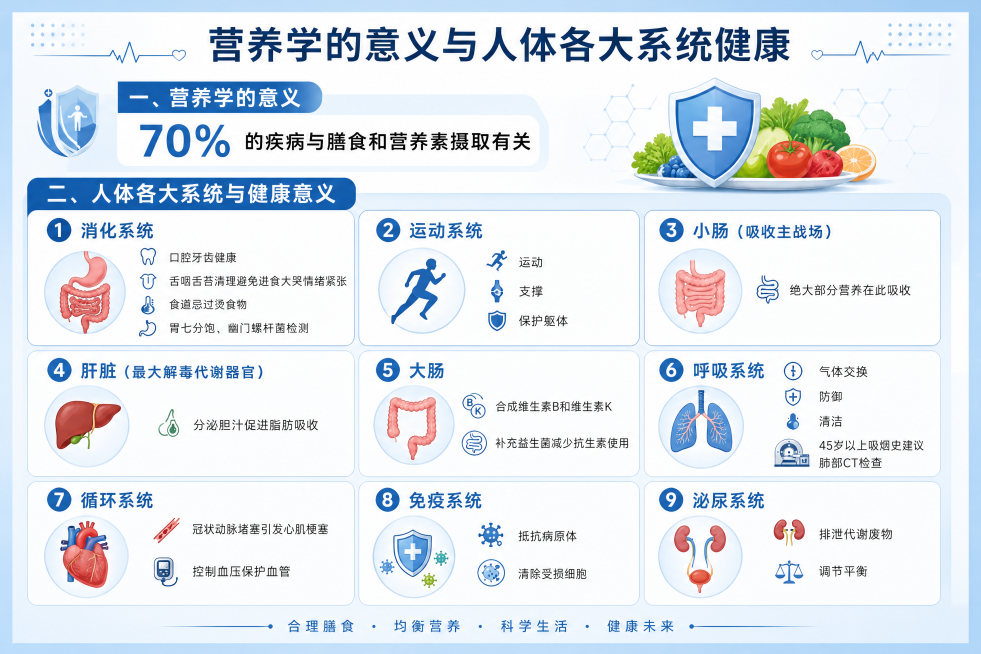 简约专业营养学知识科普海报，蓝色调，横向A5比例（3:2），版面简约设计，包含全部内容：一、营养学的意义70%的疾病与膳食和营养素摄取有关；二、人体各大系统与健康意义：1.消化系统：口腔牙齿健康，舌咽预览效果