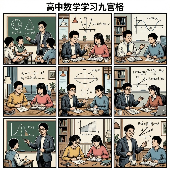 帮我生成关于高中数学的九宫格图片，要有老师和学生，老师的脸帮我设计成这张图片的，学生是中国人，场景是教室、家里、办公室、咖啡厅等，帮我生成20张预览效果