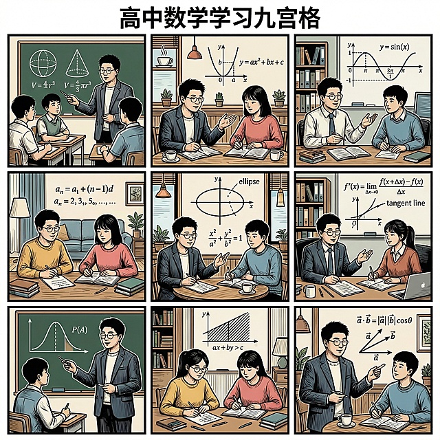 帮我生成关于高中数学的九宫格图片，要有老师和学生，老师的脸帮我设计成这张图片的，学生是中国人，场景是教室、家里、办公室、咖啡厅等，帮我生成20张