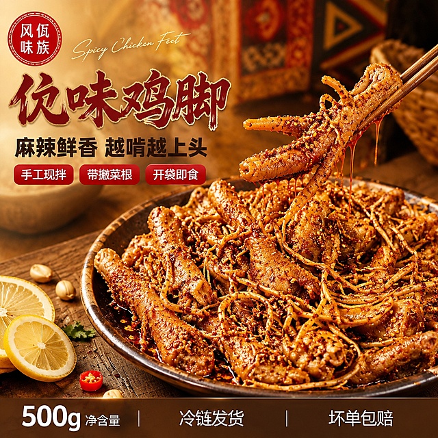 [主图-1] 佤味鸡脚首图 食欲诱惑款。
[氛围风格] 佤族民族风暖调美食摄影，高级商业质感，浓郁食欲感，参考图5的暖棕木桌+民族纹样背景风格。
[画质] 商业美食摄影质感、光线柔和通透、鸡脚清晰真实、红油光泽饱满、画面干净高级。
[元素] 画面右侧一大盘佤味麻辣鸡脚，鸡脚呈深棕红油色，表面裹满辣椒碎、花椒、蒜末和撇菜根（细根状黄色根茎），红油欲滴，筷子夹起一只鸡脚，红油拉丝滴落。盘子为深色粗陶盘，放在深棕色实木餐桌上。前景散落柠檬片、花生米、小米辣圈、香菜叶点缀。背景虚化处有佤族民族纹样织锦、竹编筐、粗陶碗，营造佤族风味氛围。**保持鸡脚产品外观（即物理结构、材质质感、颜色、带撇菜根特征）与输入产品图绝对一致，杜绝任何变形和色差，精细化处理**。商品主体占比约70%。
[光影] 自然暖阳侧逆光，从右上方打光，照亮鸡脚表面红油光泽，形成通透油亮质感；左侧柔光补光，暗部有层次，高光不溢，整体暖金色调，温暖诱人。
[配色] 主色调深棕红油色+暖木棕；辅色辣椒红、柠檬黄、香菜绿、民族纹样红黑金。
[视角构图] 45度俯视偏平视，右盘左文构图，景深中等，背景虚化突出主体，鸡脚完整不裁切。
[文字版式] 左上负空间左对齐留安全边距。左上角红色圆形印章内竖排两行白字"佤族风味"。主标题"佤味鸡脚"四个大字，粗厚书法体，深红色带金色描边，字号最大。主标题上方英文手写体装饰"Spicy Chicken Feet"浅金色。副标题"麻辣鲜香 越啃越上头"黑色粗黑体，字号约主标题一半。下方三个红色圆角矩形标签，白字分别为"手工现拌""带撇菜根""开袋即食"，横向等距排列。底部深棕色半透明通栏，均分三列白字：左"500g 净含量"、中"冷链发货"、右"坏单包赔"，每列上大下小两层文字。
[输出要求] 1:1比例，文字清晰锐利，超高清商业美食摄影质感。
[负向提示词] 变形，文字错乱，产品模糊，背景杂乱，水印，电商平台Logo，绝对化违禁词。