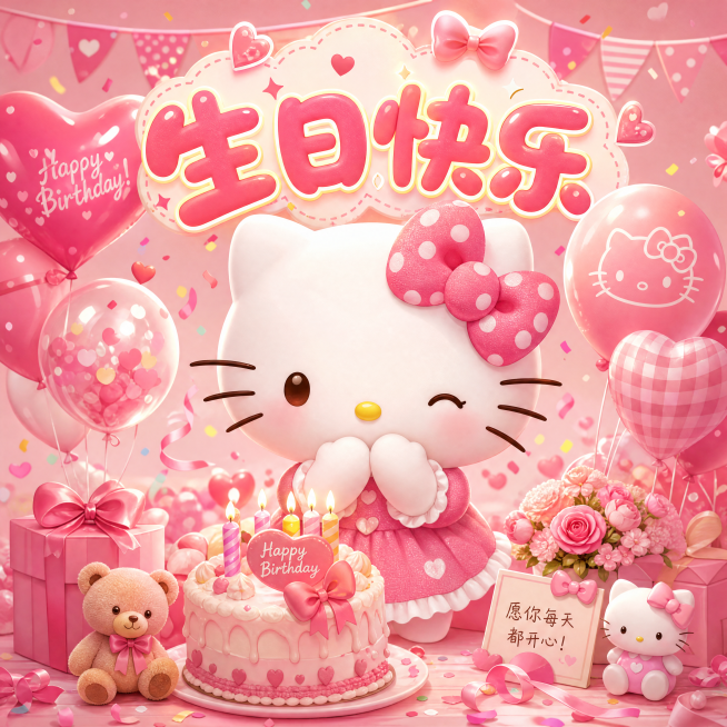 粉色的生日快乐主题图片，画面中包含可爱的Hello kitty角色，整体氛围温馨活泼，带有生日快乐的氛围预览效果