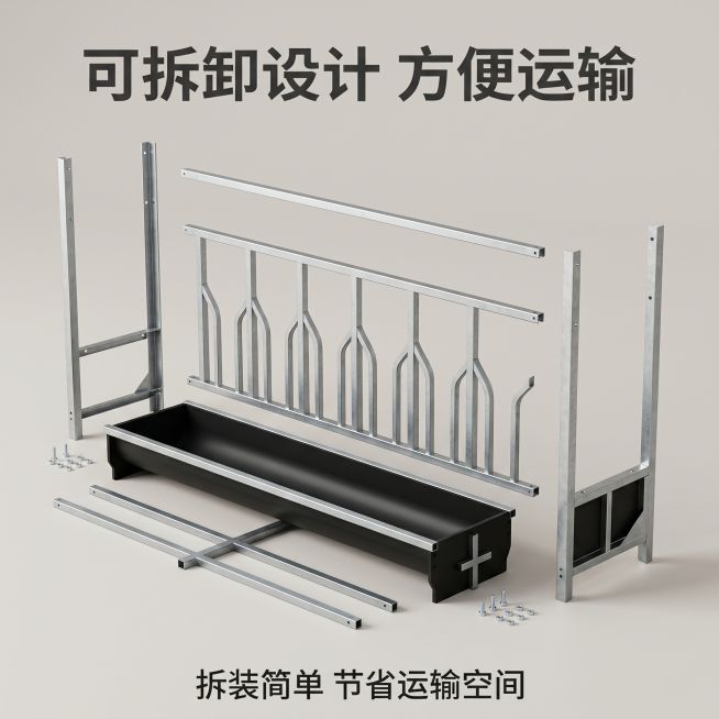 [主图-12] 羊食槽拆卸结构展示
[氛围风格] 家居治愈风，清晰直观
[画质] 商业摄影质感、光线柔和通透、产品清晰真实、画面干净高级
[元素] 展示羊食槽可拆卸组装的结构，支架和槽体分离摆放，突出预览效果