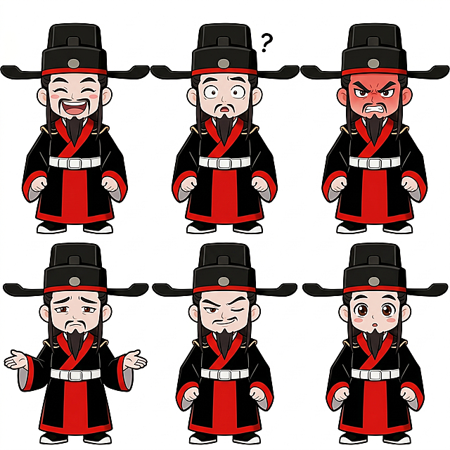 将这个包公的脸部整合多个不同表情：开心大笑、惊讶疑惑、愤怒生气、无奈摊手、得意偷笑、无辜眨眼，共6种表情，排列整齐集合到同一张1:1正方形图片中，保留原卡通Q版风格