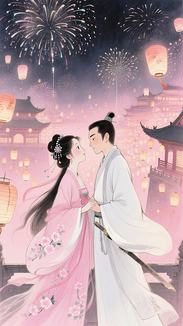 烟花灯海中，中国古代京城场景，一对身穿汉服的男女深情对视，粉色调浪漫感氛围。