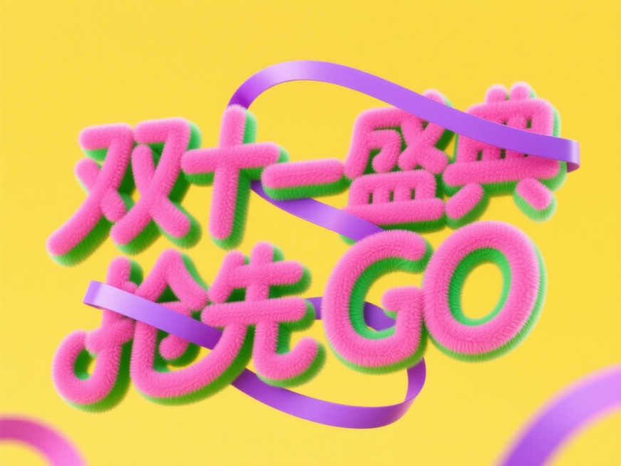 毛绒圆润的质感“双十一盛典 抢先GO”，字体粉色+部分笔画绿色。紫色丝带缠绕包裹住毛绒的字，背景黄色预览效果