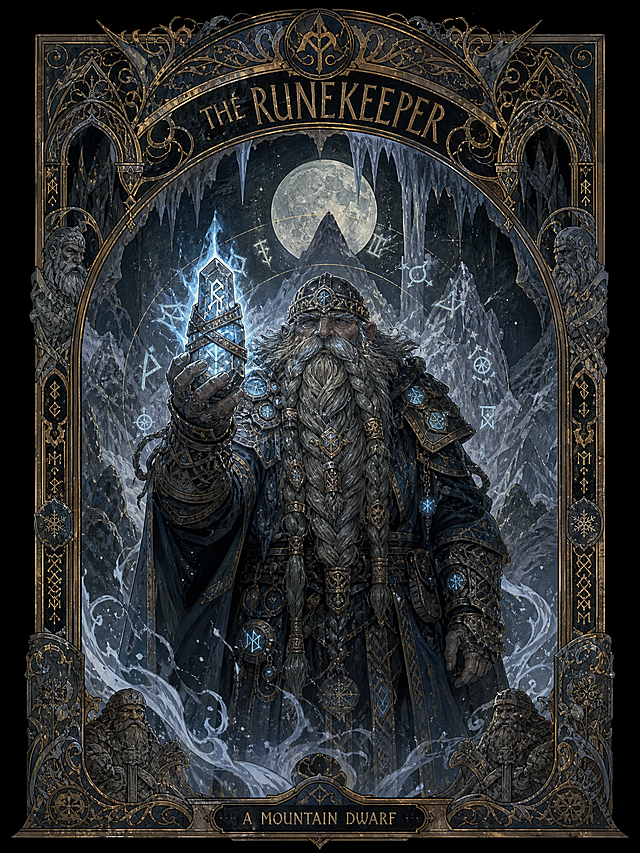 A dark fantasy tarot card in the style of Alphonse Mucha and Yoann Lossel, hand-inked ornamental illustration with watercolor wash and gold foil embossing, elaborate gothic cathedral frame with pointed arches and intricate scrollwork, title banner at top reading "THE RUNEKEEPER" and bottom banner reading "A MOUNTAIN DWARF", central figure of a solemn mountain dwarf runekeeper with an immensely long braided beard adorned with metal rings, wearing etched plate armor encrusted with glowing runestones, holding a radiant blue crystal relic, surrounded by floating ancient runes and frost, inside a vast snowy cavern beneath a full moon, muted slate grey, indigo blue, frost white and cold violet palette with a single ethereal blue glow, dramatic chiaroscuro lighting, parchment texture, symmetrical composition, no photorealism, painterly masterpiece, 8k ultra detailed