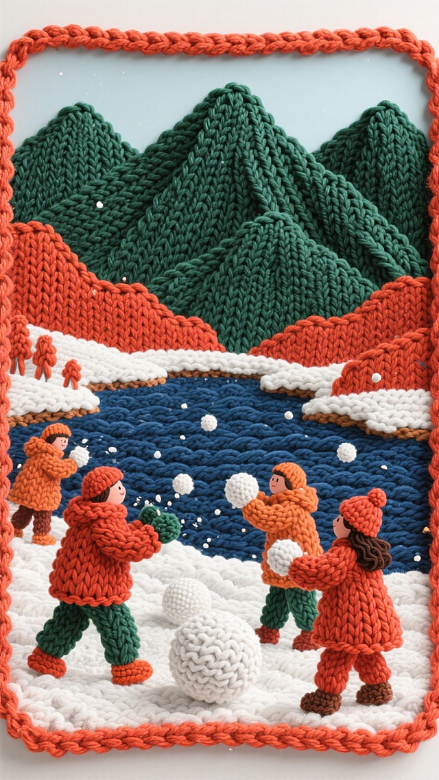 遥望远处的山川湖泊，景色如画，仿佛世界的一切烦恼都烟消云散，只剩下宁静和美好。几个人在这里打雪仗，整体是橙红+墨绿