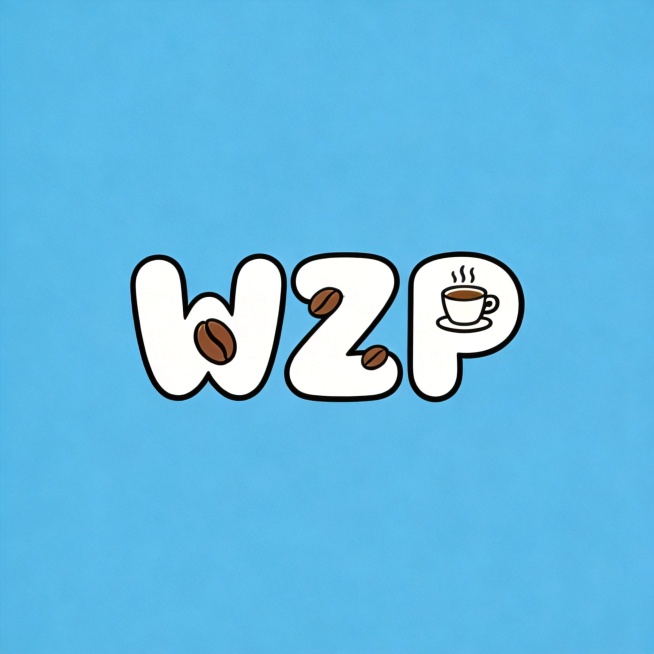 咖啡店logo设计，干净纯蓝色背景，平面艺术字体设计，主体文字为"WZP"，卡通可爱风格，圆润圆角卡通字体，白色字体，字母WZP中融入咖啡豆咖啡杯元素，简约化设计，整体风格活泼可爱符合现代年轻人审美。预览效果