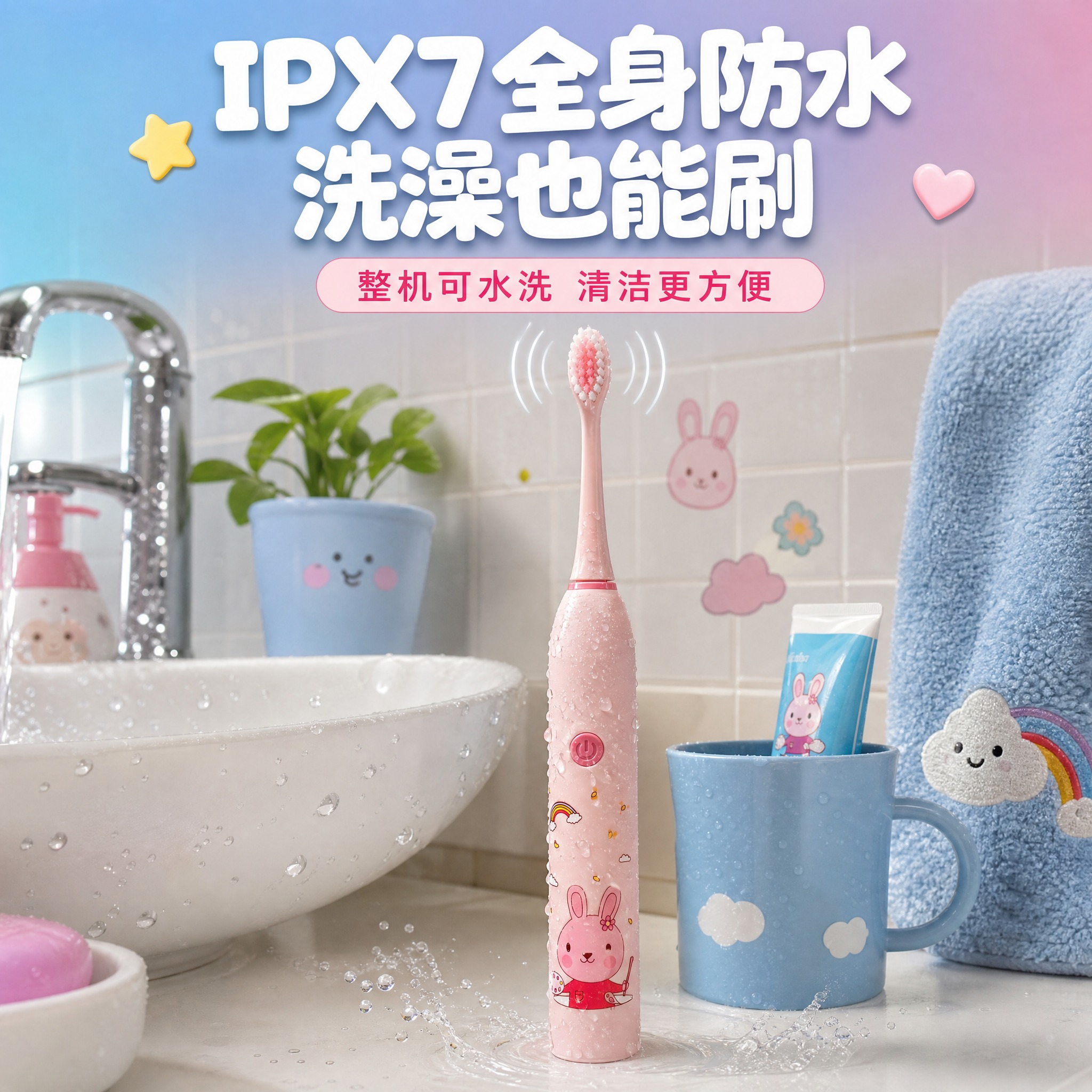 [主图-4] 真实使用场景与防水演示，展示儿童电动牙刷在浴室洗… - 图片创意预览