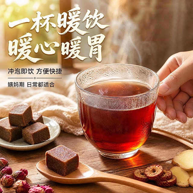 [主图-4] 古法手工红糖冲泡饮用场景，展示使用方式与生活代入感。
[统一基调] 淘宝/天猫食品风格，暖棕色调为主，自然暖阳逆光，主标题用粗笔刷书法字，字色米白配浅金描边，辅助文案用清爽黑体，整体专业品质有食欲。
[画面] 温馨的居家下午茶场景，木质餐桌上放着一只透明玻璃杯，杯中刚冲泡好的红糖水色泽红润透亮，杯壁有微微的热气水雾。旁边的原木小勺上放着一块红糖块，桌上还摆着一小碟红糖块、几朵干玫瑰、几片红枣和姜片。背景是虚化的窗边阳光和棉麻桌布，营造温暖治愈的氛围。可以有一只女性的手轻轻扶着杯子，增加生活感。
[光影质感] 窗边自然暖光，逆光勾勒出杯子和红糖的轮廓，红糖水有通透的光泽，桌面有柔和的阴影，整体温暖治愈。
[配色] 暖棕糖色、木色、米白、棉麻色、玫瑰粉点缀，温馨居家色调。
[文字版式] 画面右上角或左上角主标题"一杯暖饮 暖心暖胃"，下方小字"冲泡即饮 方便快捷"，再下方"姨妈期 日常都适合"。文字放在画面空白处，不遮挡杯子和红糖主体。
[输出要求] 1:1正方形，2048*2048，文字清晰可读，产品清晰不变形，无错字，无水印，无平台Logo，无多余杂物。手部自然不畸形。