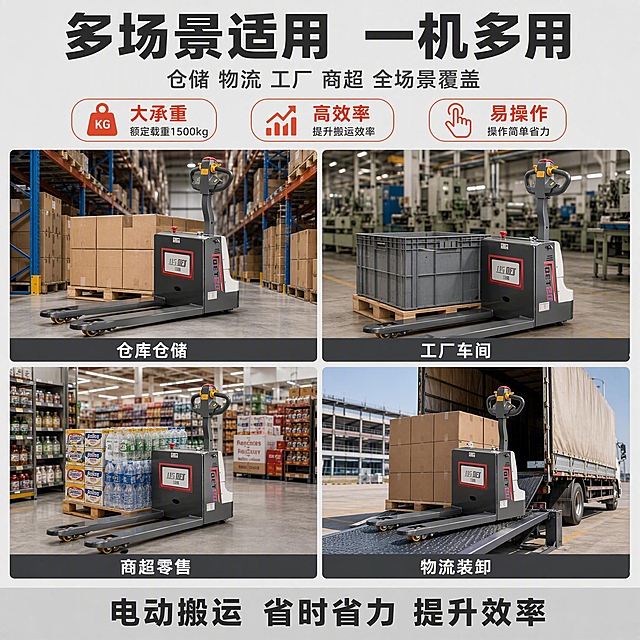 [主图-7] 多场景适用主图，展示电动托盘搬运车在不同工况下的应用，五金器械场景宫格海报。
[统一基调] 工业专业风，浅灰工业背景，高信息密度上下满版构图。主色调：工业灰、金属色；标题字色：深灰近黑；辅助字色：中灰；强调色：橙红色；字体：粗黑无衬线工业字体。
[画面] 画面上部约40%区域为标题和核心卖点区，下部约60%为4宫格场景图。4个场景分别为：左上-仓库货架间搬运托盘货物；右上-工厂车间内转运物料箱；左下-商超后仓搬运商品货箱；右下-物流装卸区配合货车装卸。每个场景中都有同款电动托盘搬运车在作业，车身外观与输入图一致。4个场景图大小一致，间距均匀，每个图下方有短标签。
[光影质感] 真实场景摄影质感，各场景光线符合各自环境特点（仓库冷白光、工厂暖白光、商超明亮、装卸区自然光），产品在每个场景中都自然融入，有真实光影和接触阴影。
[配色] 浅灰背景，深灰标题，橙红色强调色，4个场景各自真实色调。
[文字版式] 顶部大标题："多场景适用 一机多用"，下方副标题："仓储 物流 工厂 商超 全场景覆盖"。标题下方横排3个核心参数胶囊："大承重"、"高效率"、"易操作"。下部4宫格每格下方标签分别为："仓库仓储"、"工厂车间"、"商超零售"、"物流装卸"。底部通栏浅灰色底配深色文字："电动搬运 省时省力 提升效率"。文字清晰可读，层级分明。
[输出要求] 1:1正方形比例，4个场景清晰，产品在各场景中外观一致，文字无错字，无变形、无水印、无平台Logo。