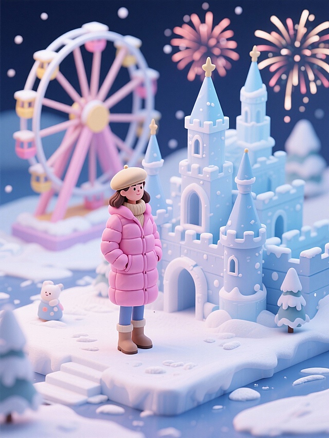梦幻冬日童话场景，软3D粘土风格，粉色毛绒少女伫立雪中城堡前，手里拿着一个幸运对联，写着：和我一起AI旅游打卡，微缩艺术感十足，烟花绽放，萌趣十足，充满甜美可爱氛围。