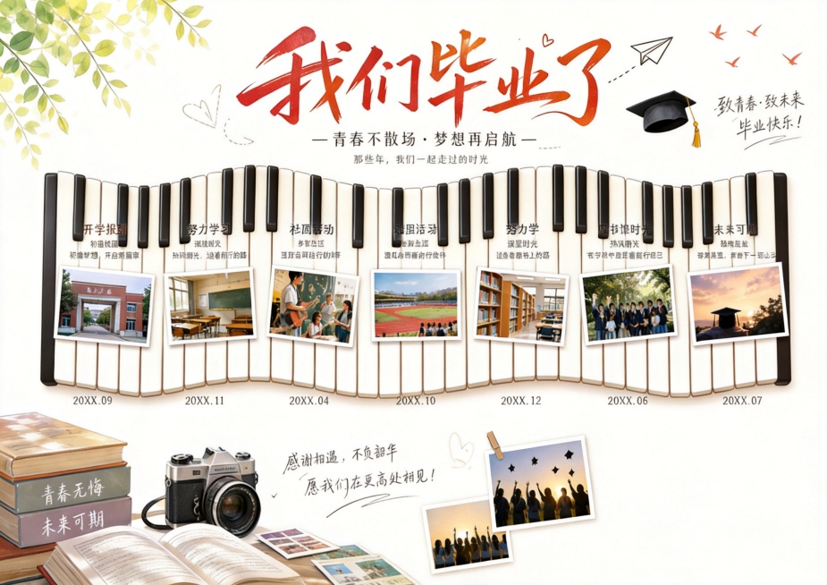 移除图片右下角的学校大楼和跑道元素，改为纯白色背景，整体转换为白底手绘风格，保留手风琴琴键时光轴排版和所有文字内容不变预览效果