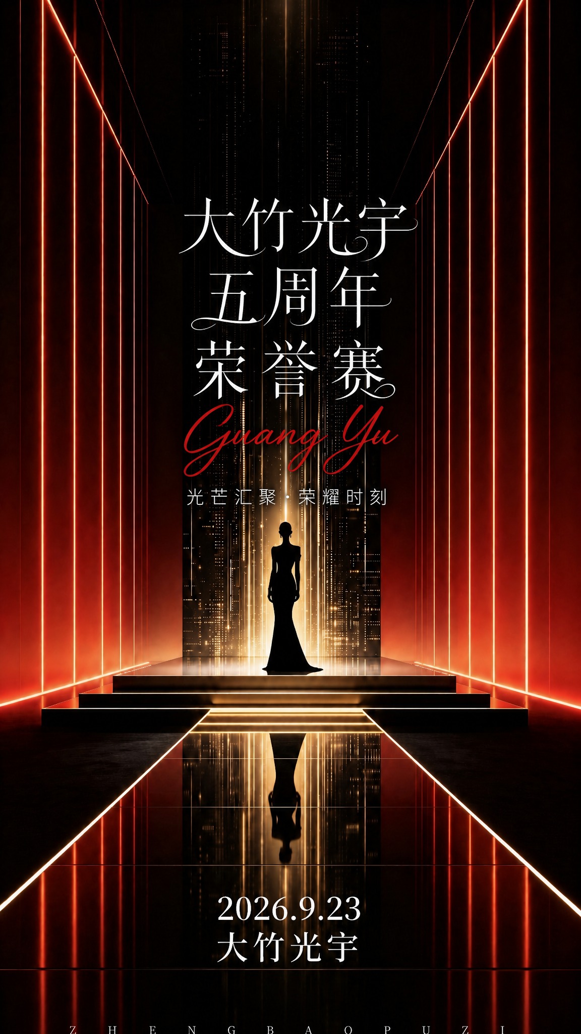 在保持原图整体版式、红黑金配色、纵深空间、霓虹光线条、女性剪影… - 图片创意预览