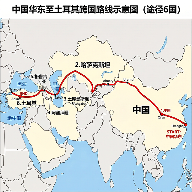 修改这张路线示意图，去掉所有箭头符号，保留清晰的自驾路线走向，保持国界线、途经国家名称标注不变，整体风格依然清晰明了，信息完整