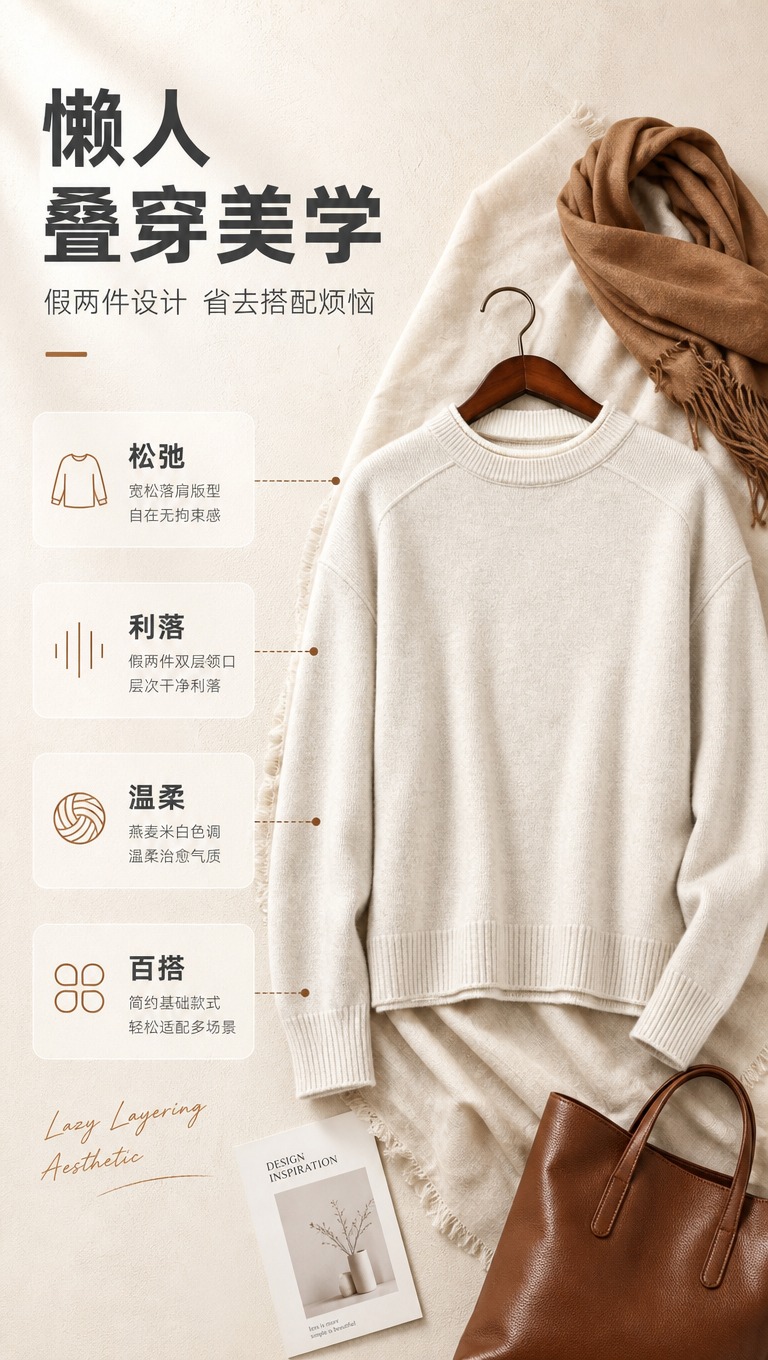 [商品] 使用【图1】燕麦米白色假两件圆领针织毛衣；商品处理：… - 图片创意预览