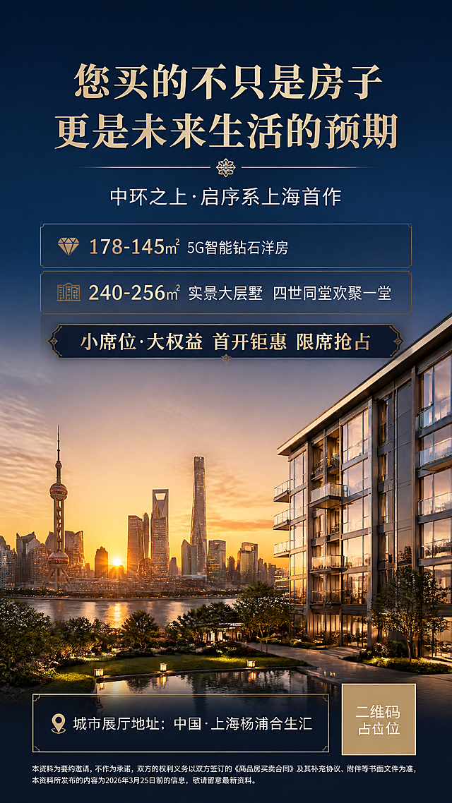 高端地产品牌主视觉海报，现代轻奢风格，写实商业摄影质感。画面主体为上海城市天际线与现代高端住宅建筑的融合景象，黄昏时分，金色阳光洒在玻璃幕墙上，呈现出尊贵大气的氛围。背景是渐变的深蓝到金色的天空，远处有陆家嘴城市轮廓，前景有精致的园林景观和水景倒影。

版式精美，竖版构图，文字排版层次分明。

画面中必须完整呈现以下文字信息：
主标题："您买的不只是房子 更是未来生活的预期"
副标题："中环之上·启序系上海首作"
产品信息1："178-145㎡ 5G智能钻石洋房"
产品信息2："240-256㎡ 实景大层墅 四世同堂欢聚一堂"
营销信息："小席位·大权益 首开钜惠 限席抢占"
展厅地址："城市展厅地址：中国·上海杨浦合生汇"
底部免责声明（小号字体）："本资料为要约邀请，不作为承诺，双方的权利义务以双方签订的《商品房买卖合同》及其补充协议、附件等书面文件为准，本资料所发布的内容为2026年3月25日前的信息，敬请留意最新资料。"

画面中所有数字必须精确渲染，不得出现错位、遗漏或编造的数字。
画面中所有信息区域必须填充完整合理的内容，不得出现空白框、空白占位、横线待填写区域、空列表项、空单元格。
画面中所有二维码区域使用纯色方块占位符呈现，方块中央标注"二维码占位"文字，严禁生成任何可识别的二维码图案。

配色以深蓝、金色、白色为主，体现高端奢华的地产品牌调性。整体氛围尊贵、典雅、充满未来感。