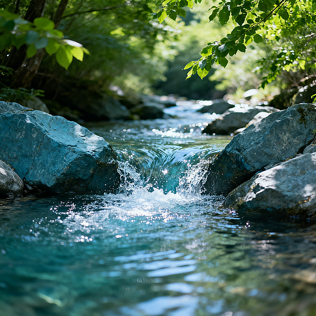 写实风景摄影，山间溪流，清澈溪水穿过青石，水花晶莹，两岸绿树成荫，自然光侧射，水纹细节逼真