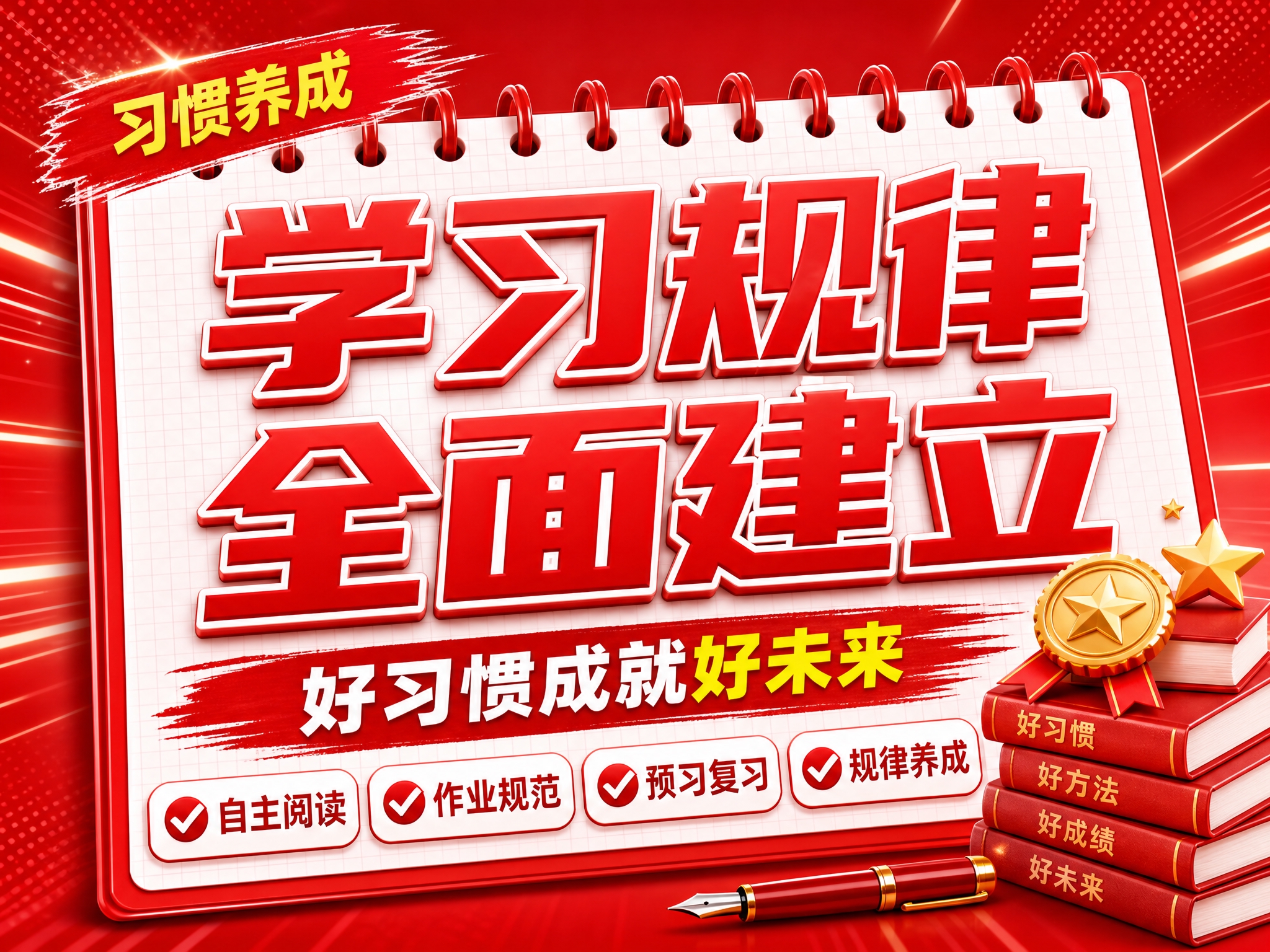 红色商务立体字风格开学季横版海报，红色线圈笔记本构图布局。画面… - 图片创意预览