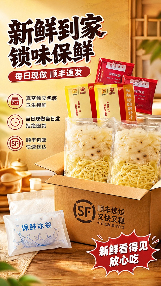 [商品] 使用【图1】真空包装凉面+凉皮、各料包作为包装展示主体；保留真空袋透明质感、淡黄色面身、料包红黄配色与包装文字Logo；商品处理：包装平整挺括，袋身有自然高光与阴影，体现真空密封质感。
[画面] 页面目标：包装与配送保障页，突出'现做现发+顺丰包邮'的新鲜与速度承诺；构图骨架：左文右图，左侧文字卖点区占40%，右侧堆叠的真空包装+顺丰快递盒场景占60%；主体占画面65%；景别：中景；阅读动线：从左到右、从上到下；前中后景：前景冰袋/保鲜袋元素、中景真空包装+快递箱、后景暖黄厨房台面虚化。
[视觉] 套系策略：风格=国潮市井风+老字号烟火气，暖黄色调高食欲商业摄影；标题字=粗黑体带轻微毛笔质感，醒目有力；正文字=圆润无衬线体，移动端清晰可读；主色=暖土黄；背景延展=暖土黄做深浅渐变、同色圆环层次、细腻纸张/木纹质感；强调色=正红色，用于小面积标签、图标、引线和价格底纹；标题色=米白字+红描边；正文色=深棕褐色；组件=圆角红底白字胶囊标签、爆炸贴卖点框、细线引线；光影=左前侧暖柔光，面身有高光，碗边有投影，整体温暖明亮。
[文字] 左上主标题'新鲜到家 锁味保鲜'，副标题'每日现做 顺丰速发'；左侧三个卖点带icon：①'真空独立包装 卫生锁鲜'②'当日现做当日发 拒绝囤货'③'顺丰包邮 快速送达'；右下红底白字爆炸贴'新鲜看得见 放心吃'；文字均横排。
[规格] 图片比例9:16竖版，4K分辨率，负向提示：避免冷蓝/冷灰背景、包装变形、文字错乱、文字过小、蚂蚁字、错字、模糊、水印、二维码、绝对化用语、出现顺丰官方Logo以外的平台Logo。
