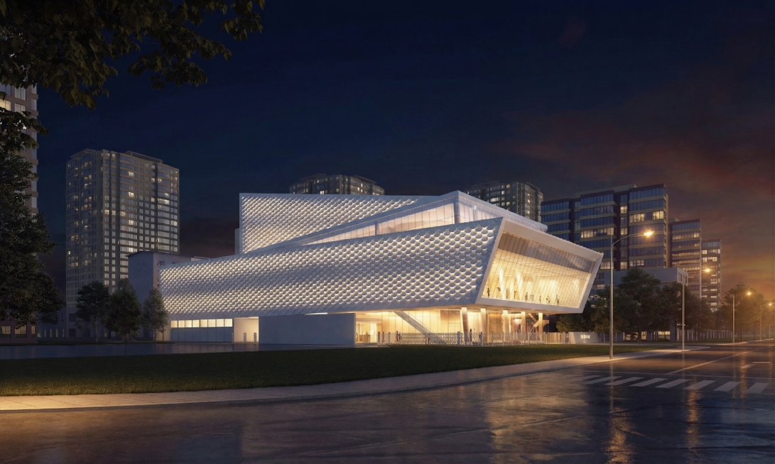 将这张建筑效果图修改为夜间灯光效果，在建筑外幕墙的凹槽位置添加灯光带，保证灯光效果自然真实，保持原建筑结构和周边环境不变预览效果