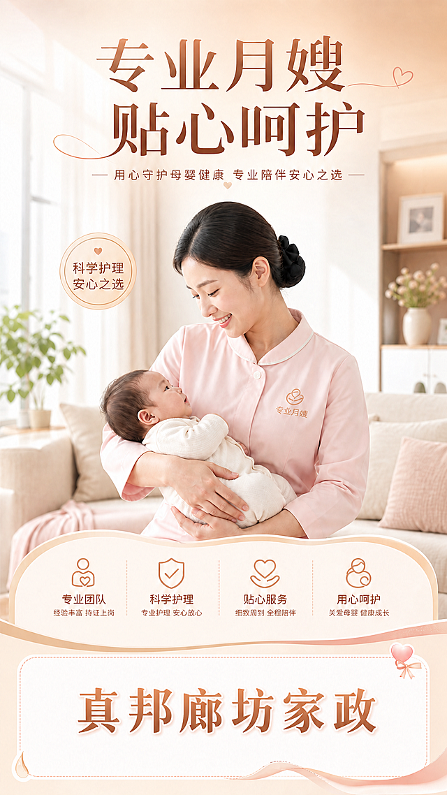 在原图下方空白位置添加文字"真邦廊坊家政"，保留原有家政月嫂广告画面，整体风格自然协调，文字清晰醒目