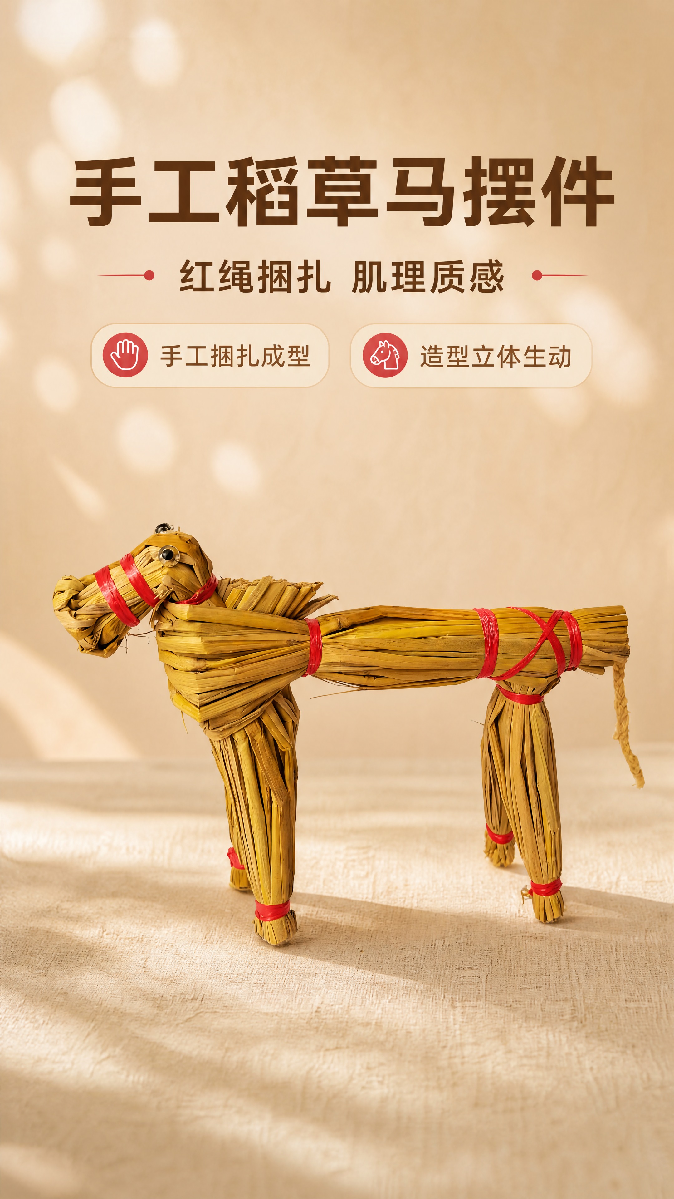 [商品] 使用【图1】红绳捆绑稻草马摆件；保留稻草材质、红绳捆… - 图片创意预览
