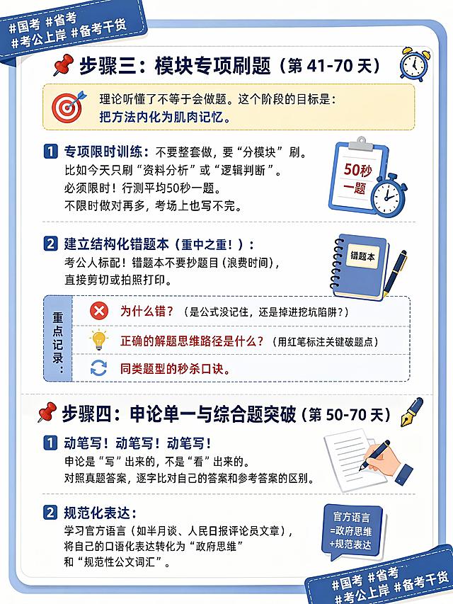 📌 步骤三：模块专项刷题（第 41-70 天）
理论听懂了不等于会做题。这个阶段的目标是：把方法内化为肌肉记忆。

1. 专项限时训练：
 不要整套做，要“分模块”刷。比如今天只刷“资料分析”或“逻辑判断”。
 必须限时！行测平均50秒一题。不限时做对再多，考场上也写不完。

2. 建立结构化错题本（重中之重！）：
 考公人标配！错题本不要抄题目（浪费时间），直接剪切或拍照打印。
 重点记录：
 ❌ 为什么错？（是公式没记住，还是掉进挖坑陷阱？）
 💡 正确的解题思维路径是什么？（用红笔标注关键破题点）
 🔄 同类题型的秒杀口诀。

📌 步骤四：申论单一与综合题突破（第 50-70 天）
1. 动笔写！动笔写！动笔写！
 申论是“写”出来的，不是“看”出来的。对照真题答案，逐字比对自己的答案和参考答案的区别。
2. 规范化表达：
 学习官方语言（如半月谈、人民日报评论员文章），将自己的口语化表达转化为“政府思维”和“规范性公文词汇”。图片风格和上面那张一样