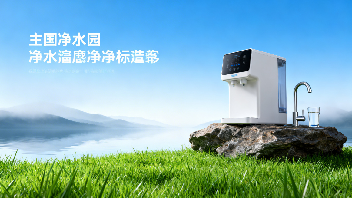 前面是草地，草地背后是水面和远山，蓝色渐变的天空，带一点仰视，左边是放主标题的文案，右边是岩石，岩石上面放了一台净水器，和水龙头杯子，多生成几张预览效果